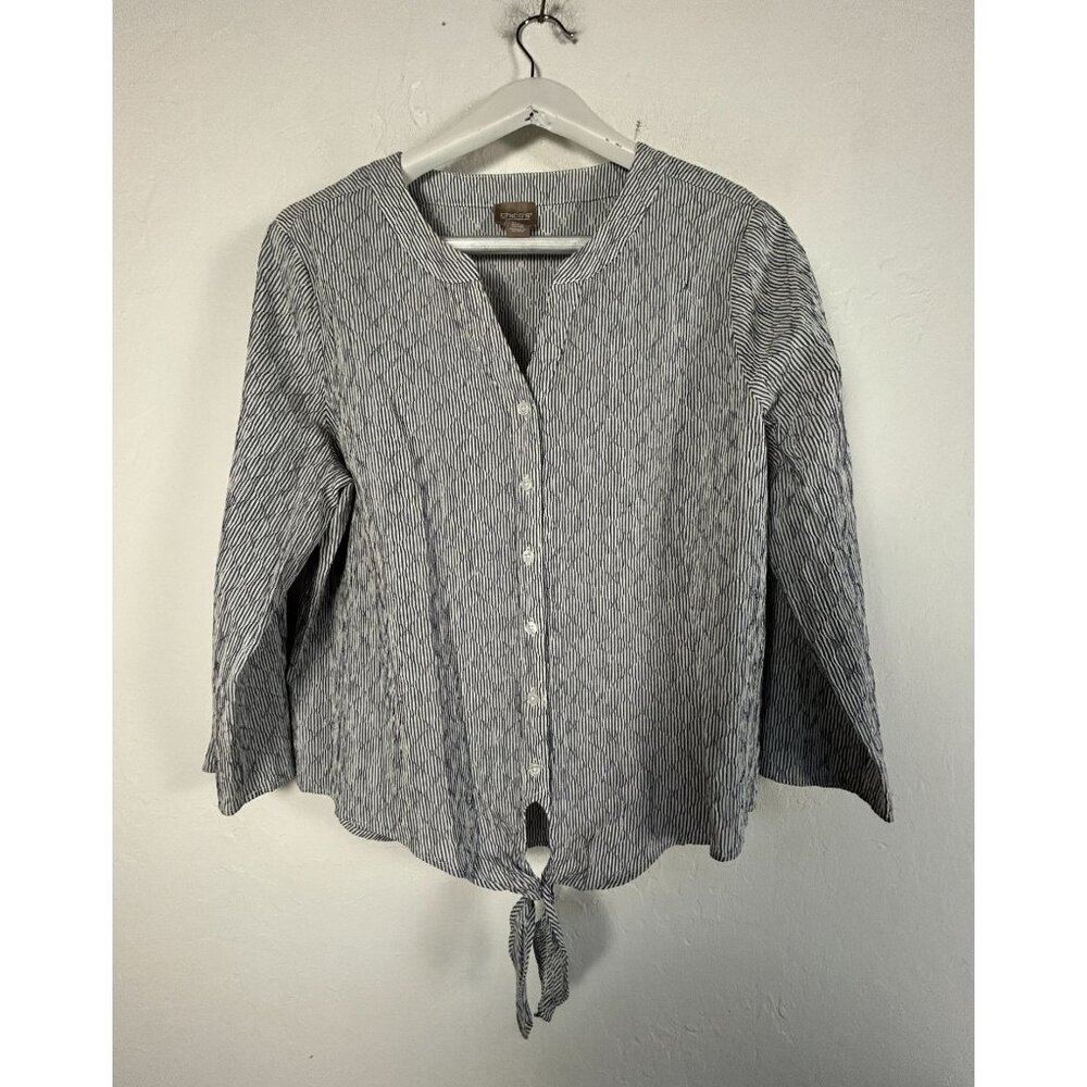Chico's Womens Button-Front Blue & White Striped Tie-Hem Blouse Size 2 Casual